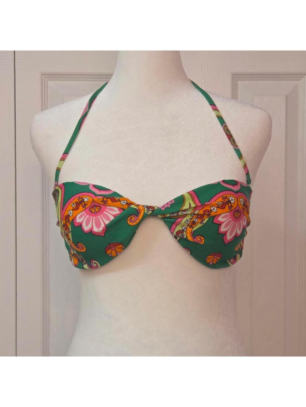 Y2K Green & Pink Floral Paisley Bikini Set Retro 60s Mod Glam Halter Two Piece